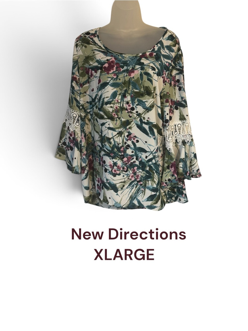 GORGEOUS Teal/Cranberry & Cream Floral Bell Sleeve w/Lace Detail Top XLARGE #S
